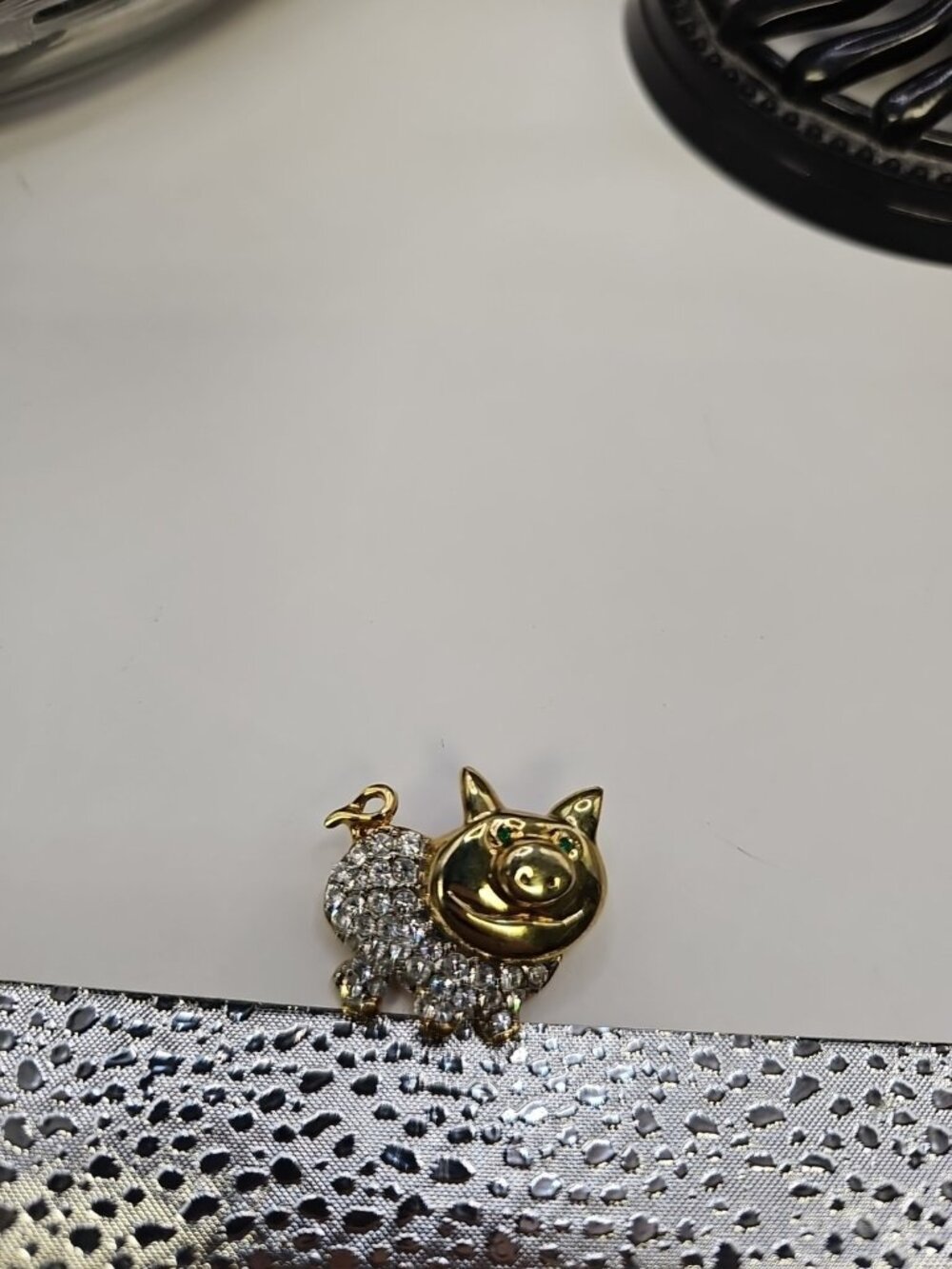 Brooch/pin  Clear Colorless Rhinestones Gold-tone Green Rhinestone Eyes Pig